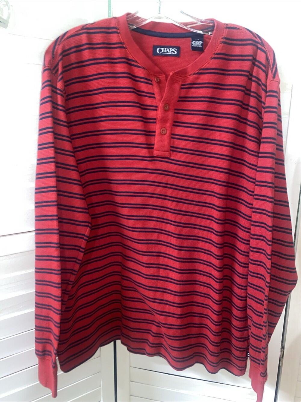 Chaps Men’s Red Striped Waffle Thermal Pullover 1/4 Button Cotton Sz Large